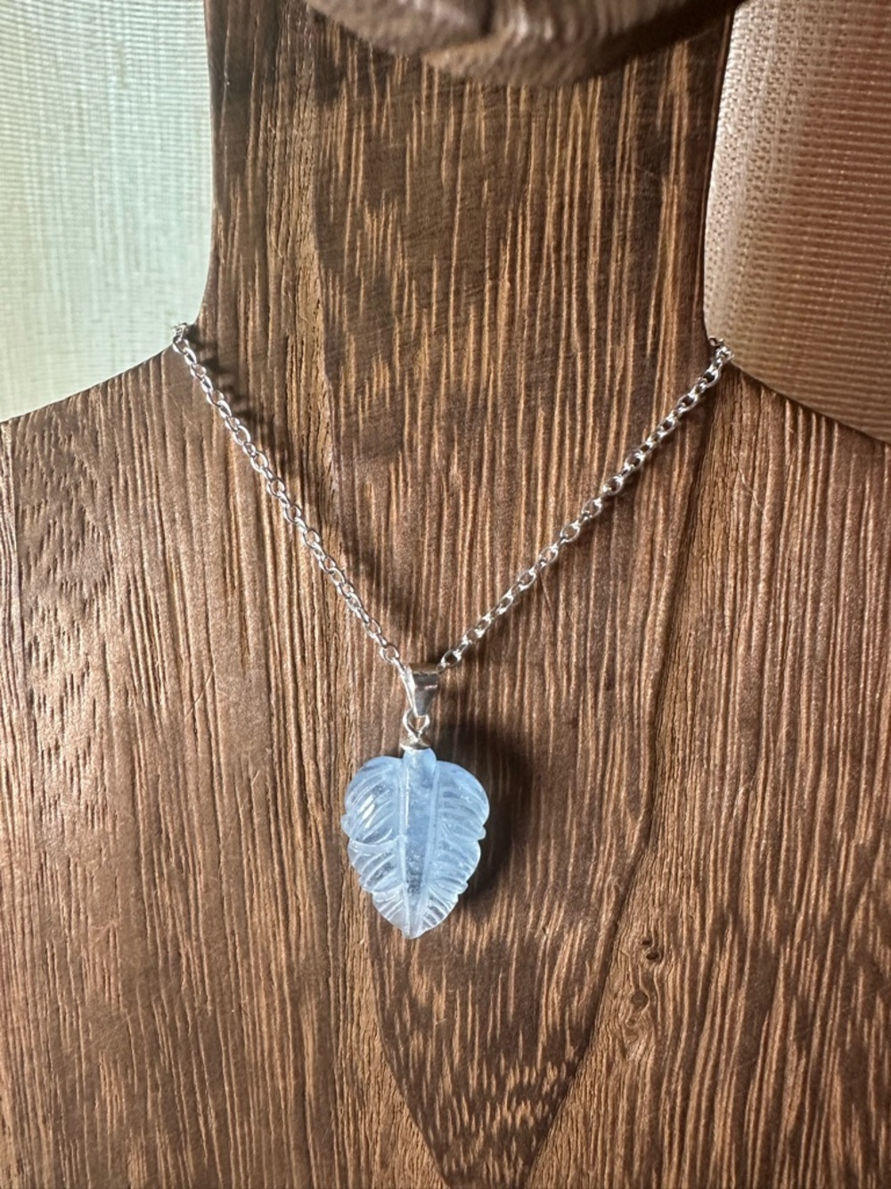 Small Aquamarine Leaf Pendant on Sterling Silver Bail and Silver Plated Chain - Picture 3 of 15